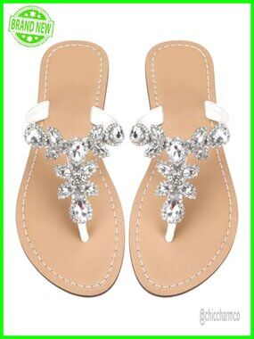 Sparkly Rhinestone Thong Flip Flops Dressy Gemstone Flat Sandals Wedding Party